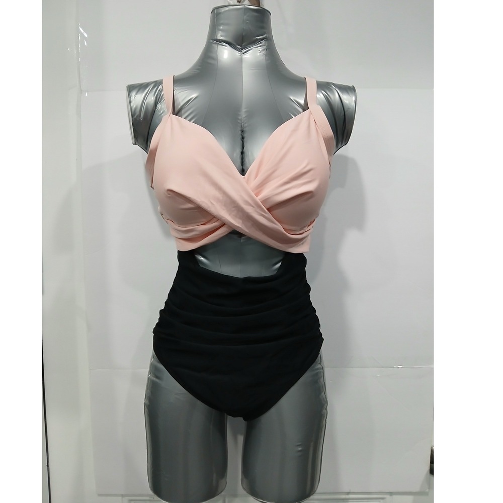 NEW EOMENIE Womens M One Piece Swimsuit Pink Black Wrap Tummy Control Monokini